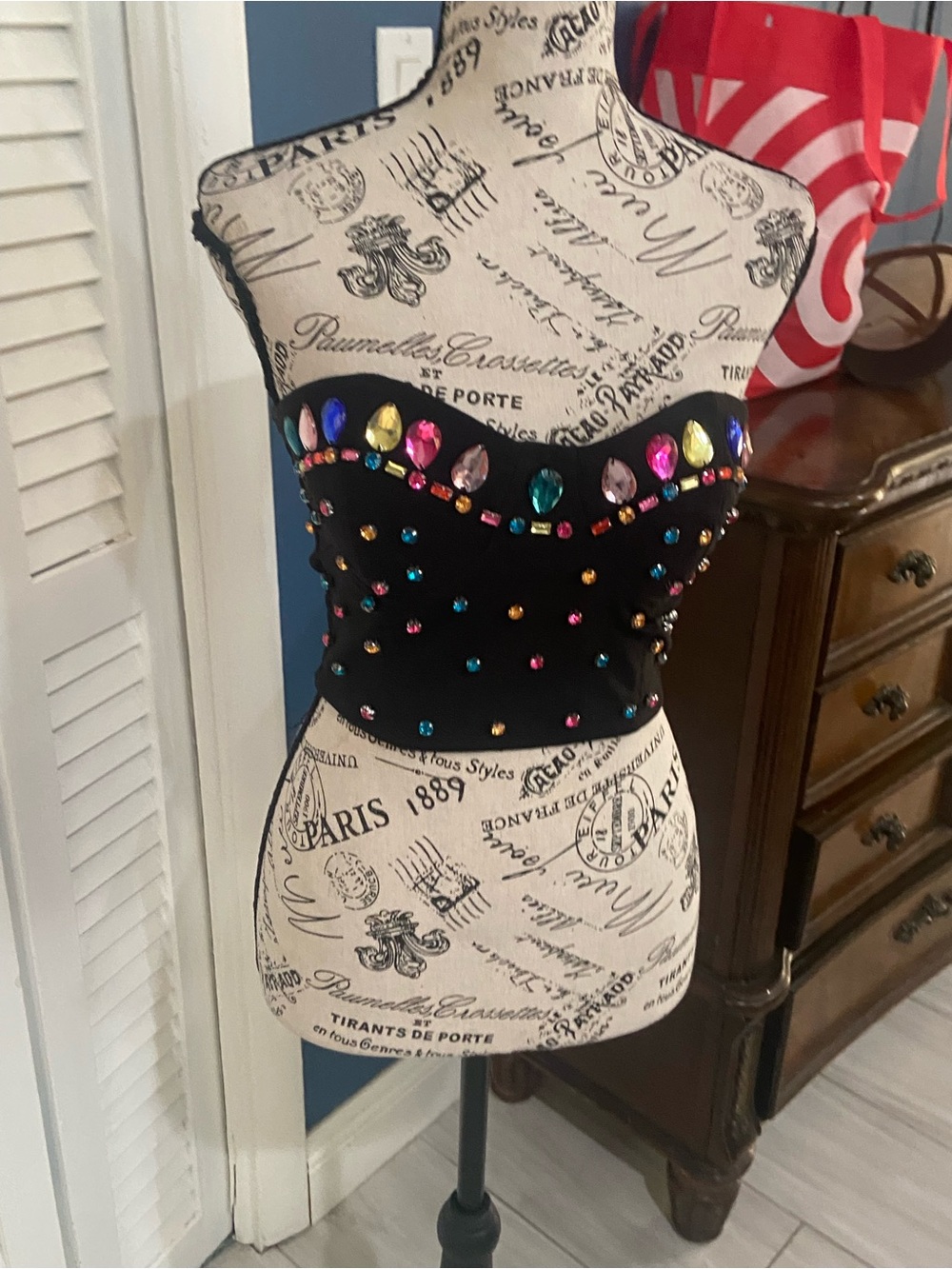 Body Central Black Strapless Bustier Top with Multicolor Gem Accents